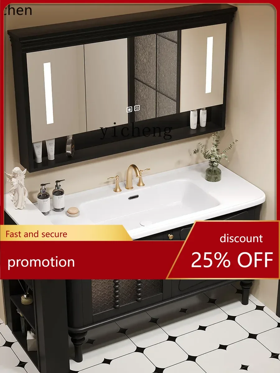 

HT floor-to-ceiling DuPont Corian integrated basin retro rubber wood bathroom cabinet combination washbasin