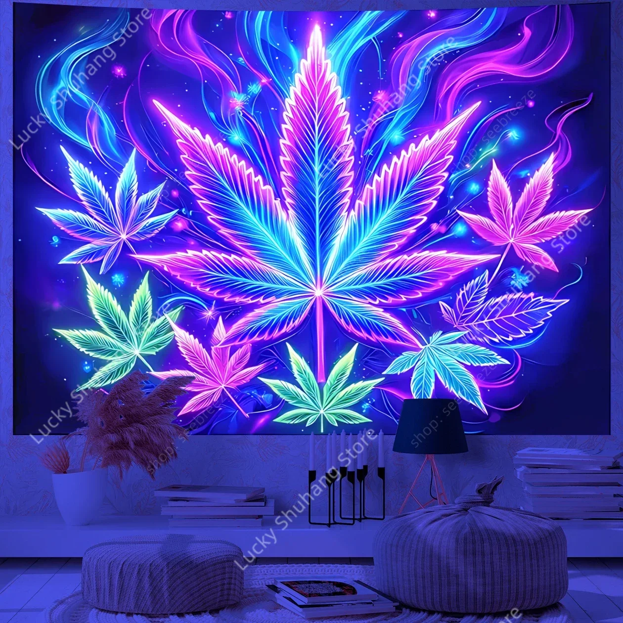 Neon Cannabis Leaf UV Reactive Tapestry Party Backdrop Art Poster for Men Room Bedroom Decor Mandala Witchcraft Wall Hanging