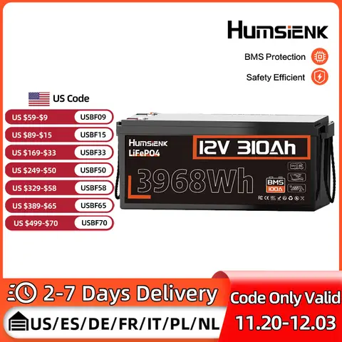 Humsienk 12V 310Ah LiFePO4 Batteria 3968Wh Energia 100A BMS A+ Celle con 2 anni di garanzia, UL1973, Per camper, furgone, motore da traina, campeggio