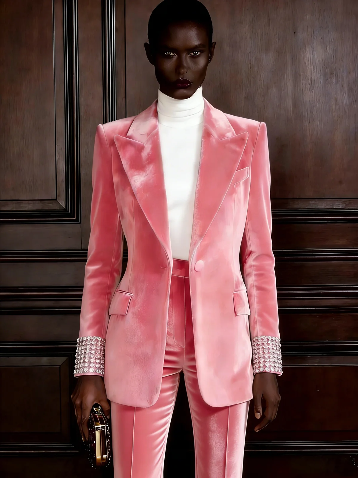 الوردي المخملية مطرز الكفة النساء السراويل الدعاوى سليم صالح السترة السراويل المستقيمة مخصصة الشتاء سيدة ارتداء الرسمي مساء حزب الزي