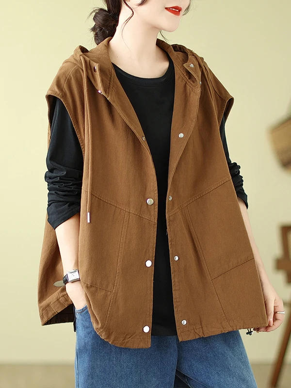 

Retro Hooded Dstring Cotton Vest Women's Plaid Casual Jaet Outerwear Comfortable Breathable Commute Sle Regular Fit