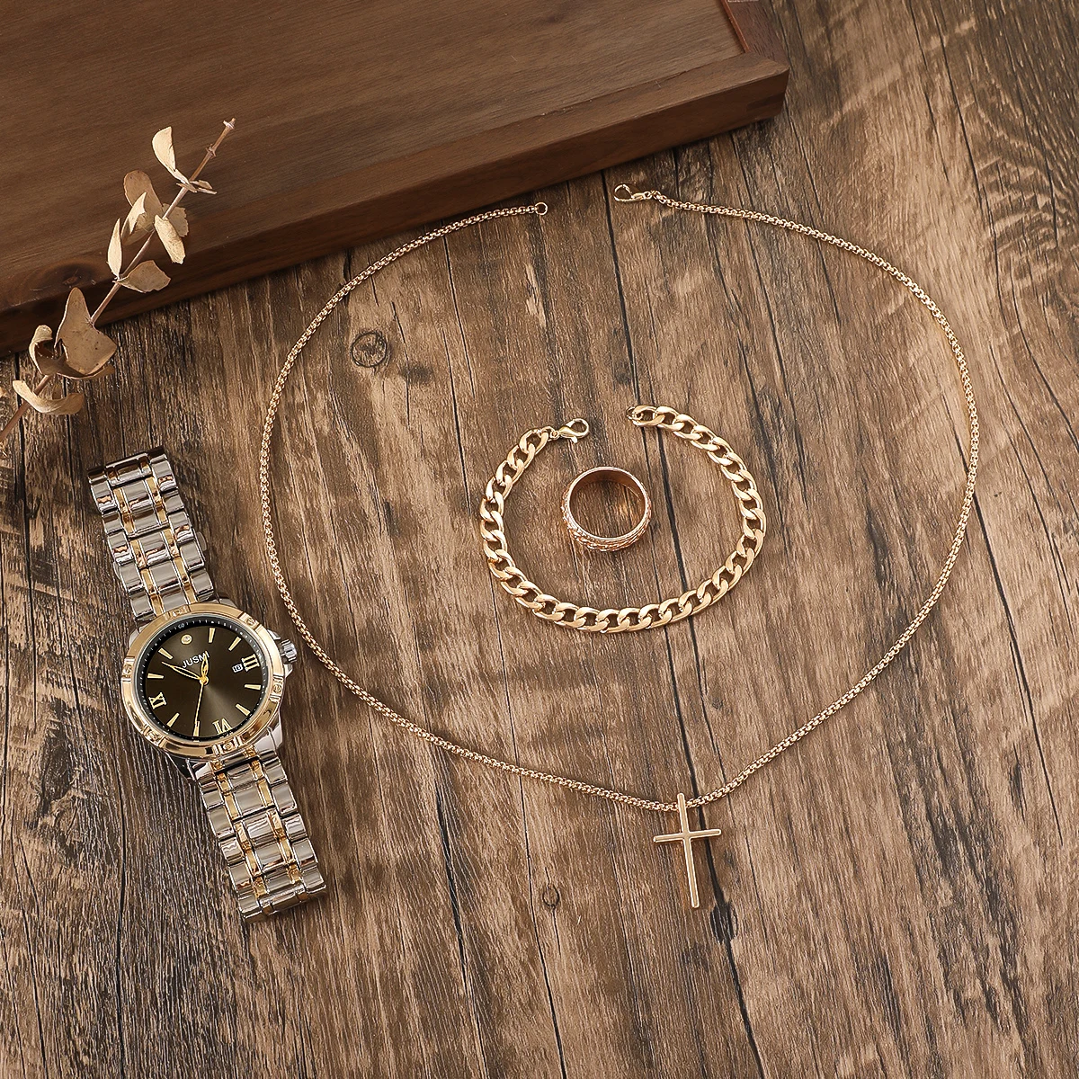 4 قطع/مجموعة ساعة رجالية كبيرة الحجم بسوار فولاذي + سوار + قلادة متقاطعة + مجموعة علب هدايا خاتم