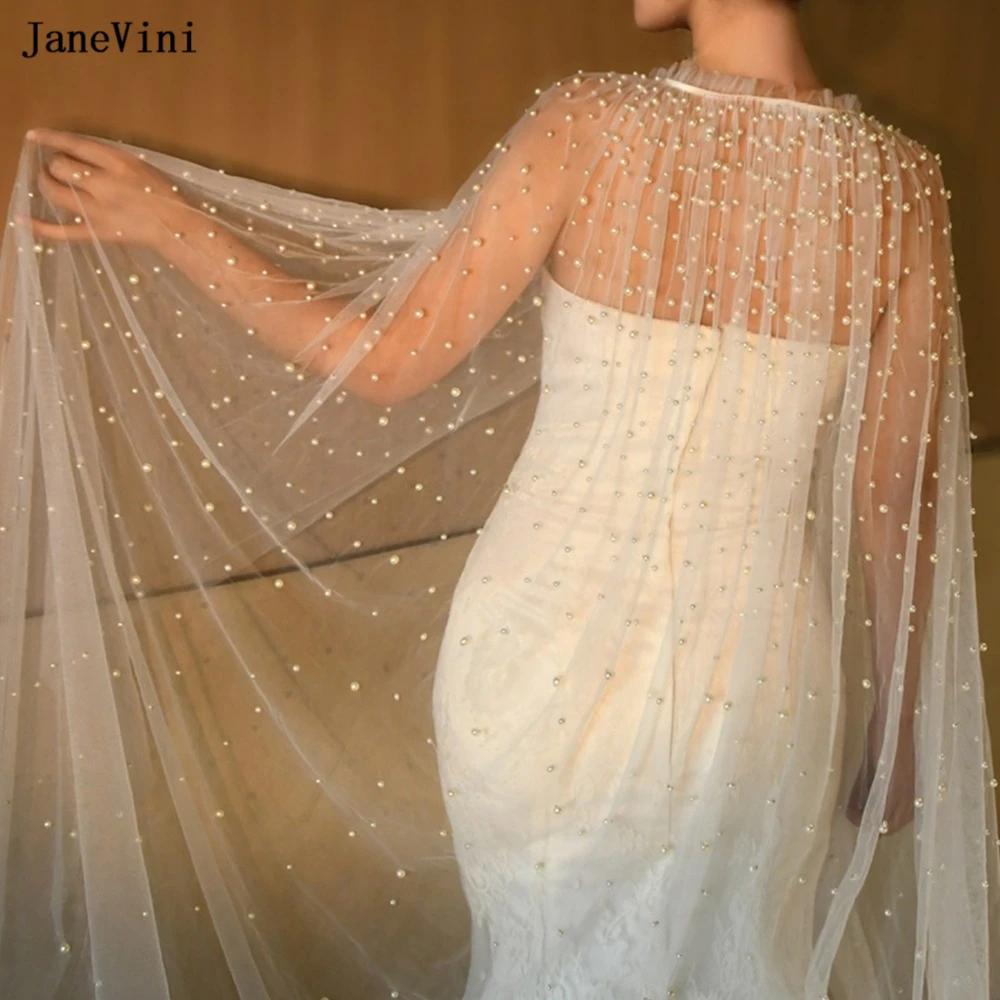 JaneVini 2023 Luxury Pearls 3M Long Bridal Shawls Wraps Evening Bolero Cathedral Woman Tulle Cape Jacket Cloak for Wedding Dress