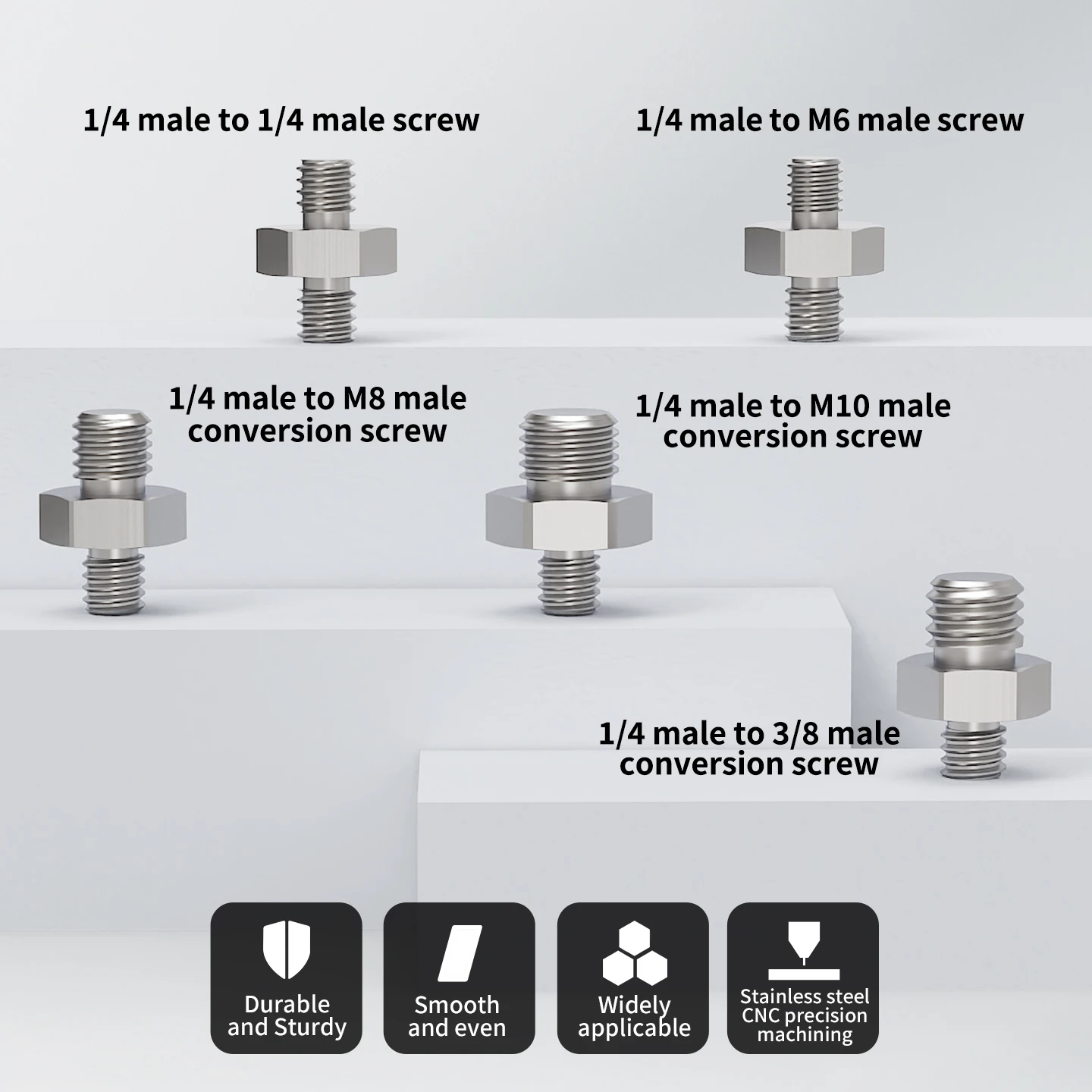 Edelstahl CNC 1/4"-20 Doppel-Außengewinde-Adapter Sechskantschraube 1/4 auf M6 M8 M10 3/8 für Kamera-Stativ, Handy, Action-Kamera – Detail 2