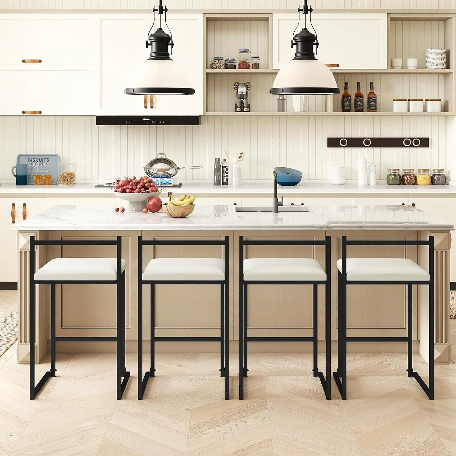 Stackable Counter Height Barstools 4, Faux Leather Seat Metal Bar Chairs with Backrest & Footrest for Kitchen Dining, Customized