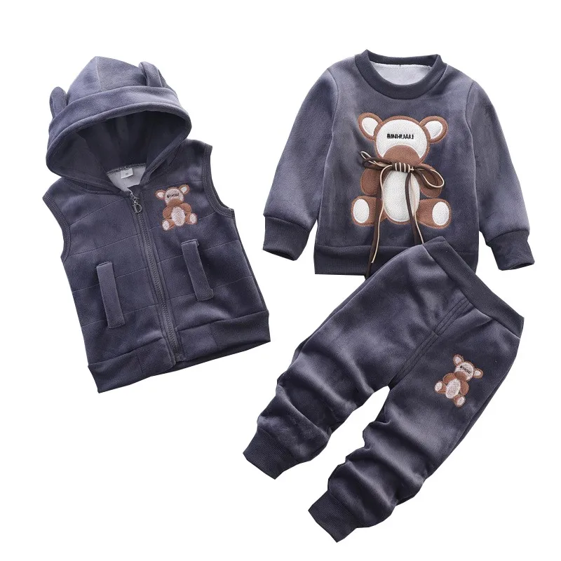 

Cartoon Bear Hooded Vest+Sweater+Pants 3Pcs Suit Winter Warm Velvet Plush Lining Kid Toddler Boys Girls Bow Autumn Gray Clothing