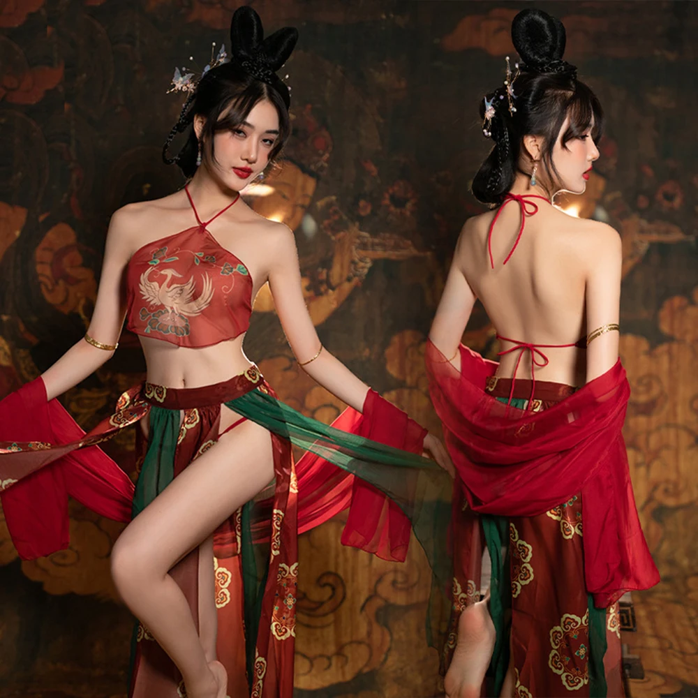 Costume antico cinese stile Dunhuang rosso Sexy Hanfu Lingerie esotica da donna uniforme fasciatura Bellyband gonna di garza scialle set