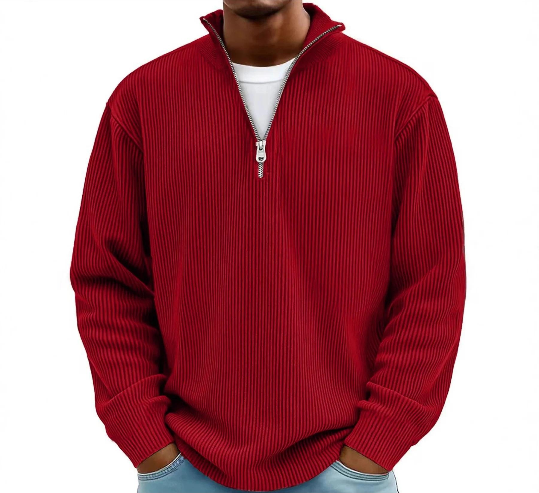 

Мужская осенняя повседневная вельветовая рубашка-поло с длинным рукавом на молнии, в европейском и американском стиле, мужская верхняя одежда