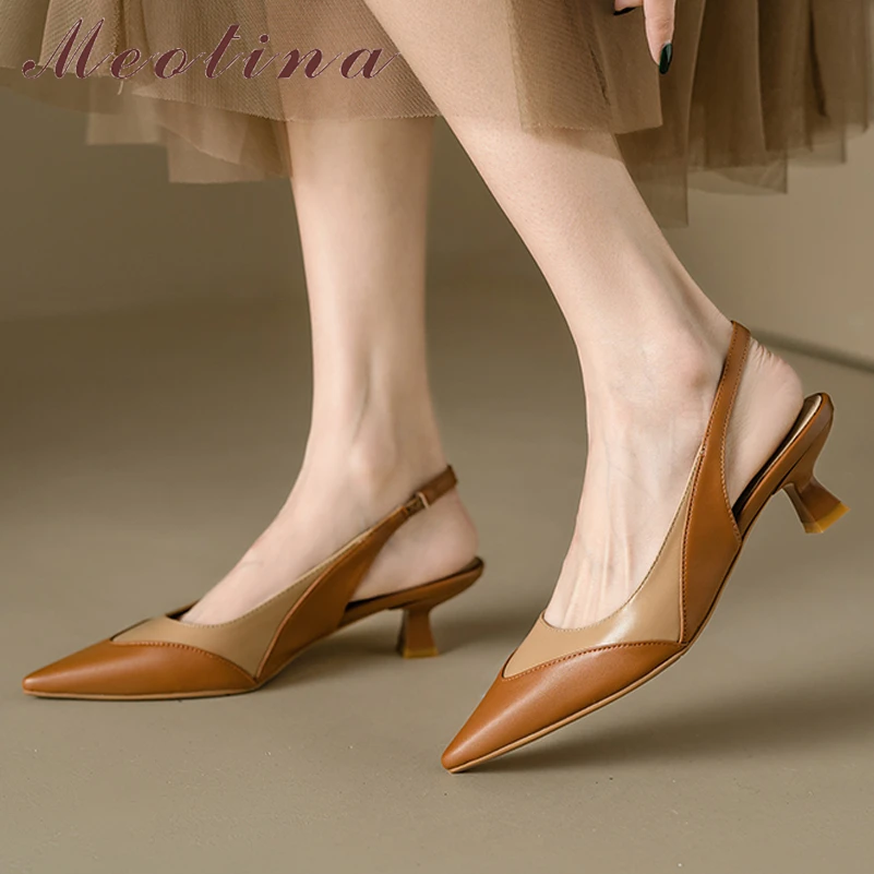 

Meotina Women Genuine Leather Slingbacks Pointed Toe Thick Mid Heel Pumps Mixed Colors Ladies Fashion Shoes Spring Autumn Black