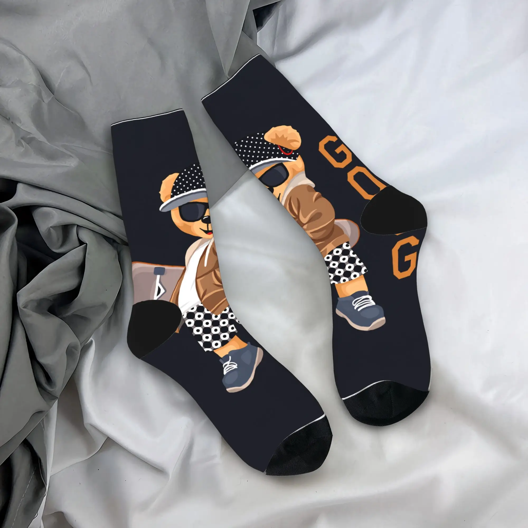

Teddy Bear Playing Badminton Print Stockings Women Men Socks Breathable Vintage Socks Winter Outdoor Anti Slip Pattern Present