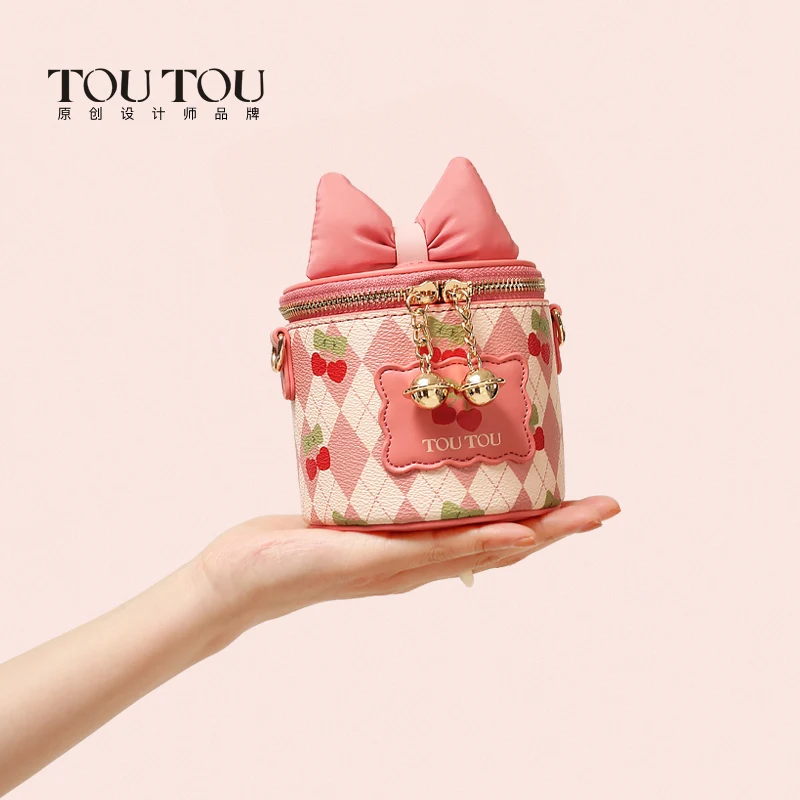 TOUTOU Sweet Cherry Bucket Bag, Drawstring Design Crossbody Bag, Women's Mini PU Leather Purses With Bowknot