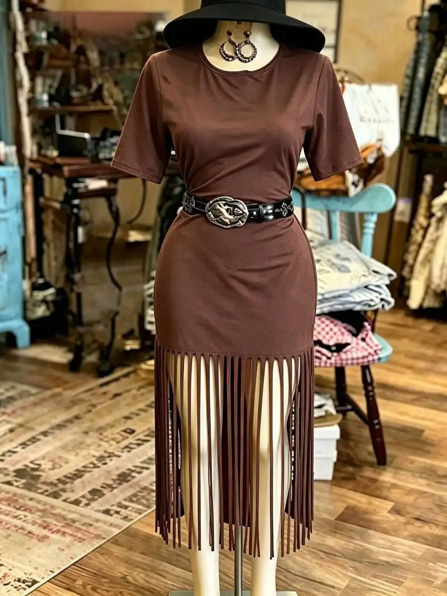 

Womens Retro Western Fringe Midi Dress Short Sleeve Crew Neck Stretchy Casual Bodycon