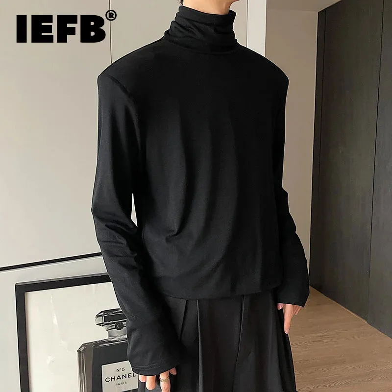 IEFB Turtleneck Simple Solid Color Men\'s T-shirt Long Sleeve Korean Male Top Shoulder Pad Summer Autumn New Fashion Tees 9A2222