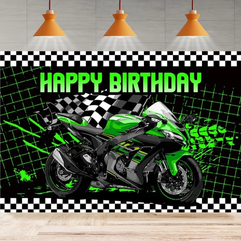 Motorcycle Birthday Party Photography Background Fluorescent Green Motorcycle Black And White Flag Party Backdrop Wall Banner