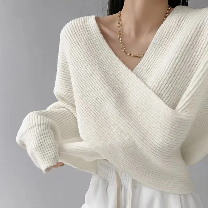 Women's Clothing 2022 Latest Fashion Knitted Sweater for Women Long Sleeve Pullover V-Neck Spliced Thick Sweater Female Solid