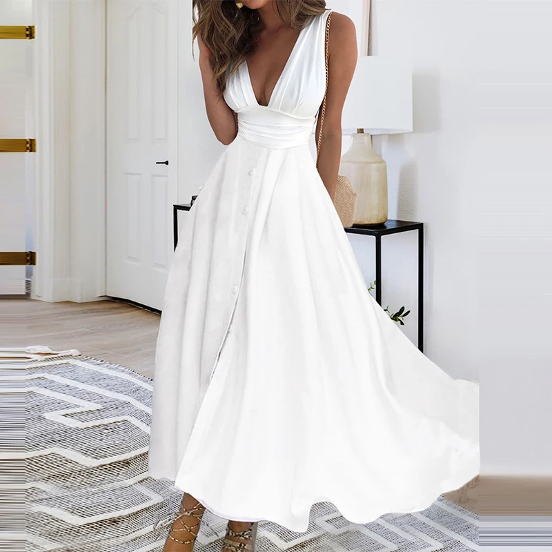 Women Sexy Button Split White Dress Elegant Draped Waisted Long Dress Office Fashion Sleeveless Deep V-neck Pleated Party Dress