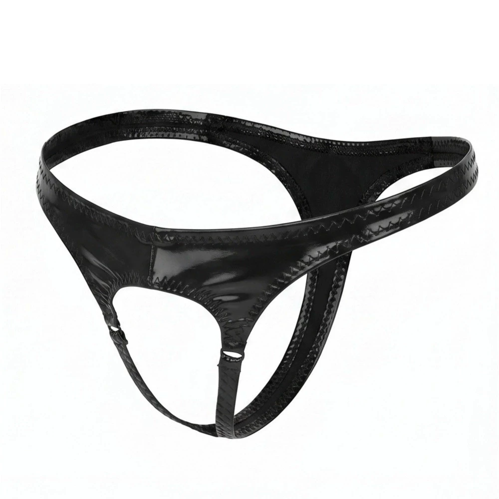 

Men's Cloth Latex Shiny Thong Low Waist Hollow Out T Crotch G-string Man Lingerie PU Leather Panties PVC Underwear