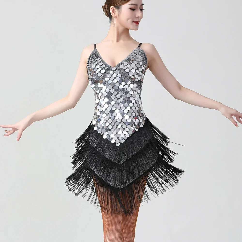 Vestido de lentejuelas con flecos Gatsby de los años 20, vestido Sexy con cuello en V y tirantes finos para fiesta, traje de baile latino de los años 20, vestido elegante de Charleston Flapper para chica