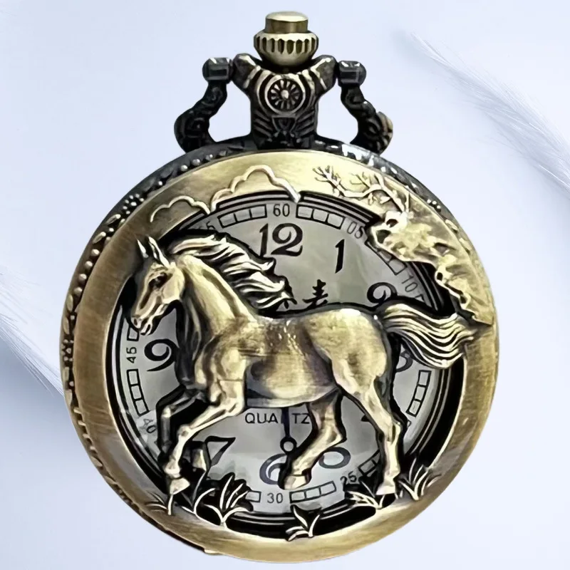 Оптовая продажа Amazon Zodiac Большие ретро флип-полые кварцевые карманные часы унисекс Индивидуальный тренд