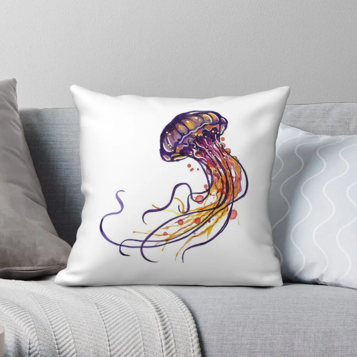 Jellyfish Watercolor Square Pillowcase Polyester Linen Velvet Creative Zip Decor Throw Pillow Case Home Cushion Cover