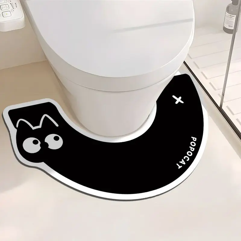 VIKAMA Lazy Little Black Cat U-Shaped Floor Mat, Non-Slip Bathroom Toilet Seat Mat, Cute Cat-Themed Rug, Home Decor