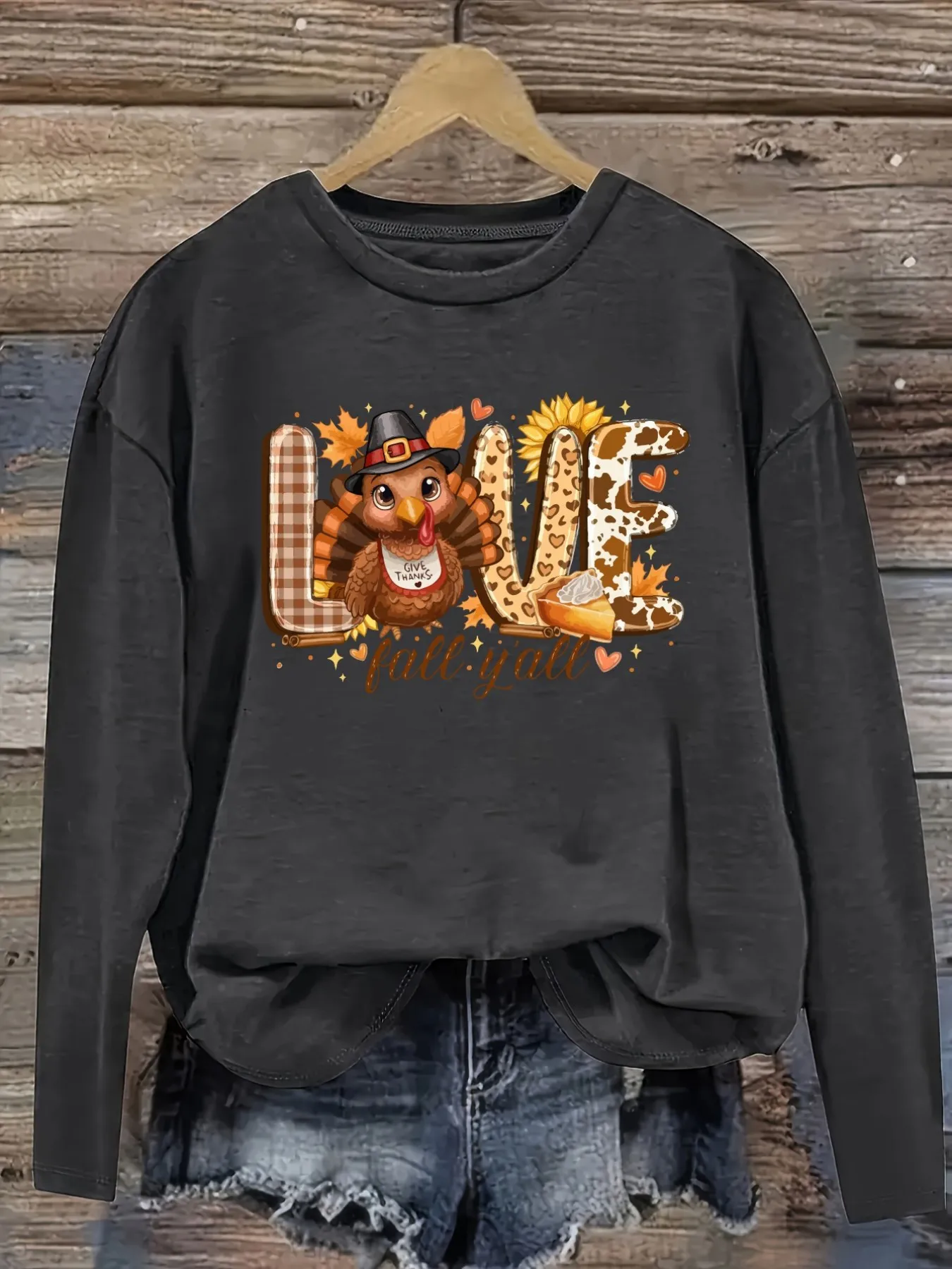 Women's Casual Long Sleeve Crew Neck T-Shirt Love Fall Yall Turkey Print Design, Round Neck Women's Clothing, Machine Washable, Slightly Elastic, Loose Fit, Spring Autumn Winter Women's T-Shirt, Halloween Costume Outfit view 2