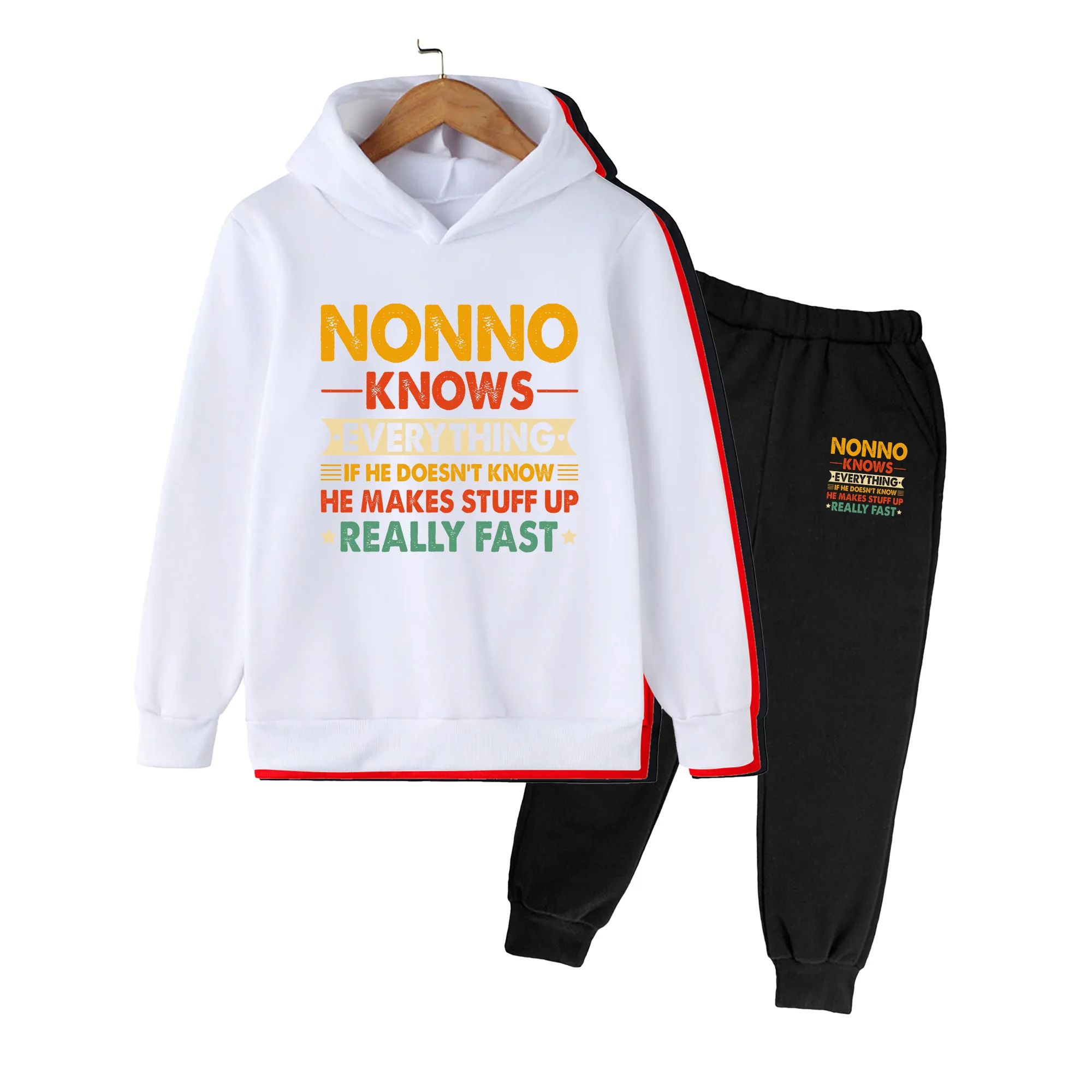 Kids Nonno Knows Print Hoodie & Pants Set, Casual Long Sleeve Outfit for Boys Girls Daily Wear