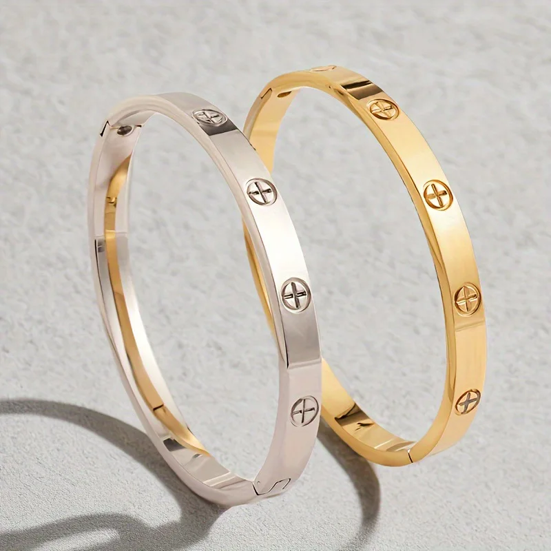 European American Stainless Steel Cross Pattern Bracelet Women Men Gold Silver Couple Holiday Gift Bracelet Party Daily Jewelry