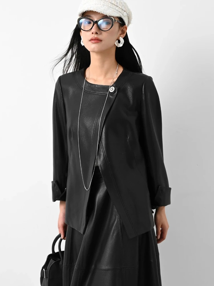O-neck Casual Genuine Leather Jackets for Women Spring Autumn High-end Simple Soft Black Short Real Sheepskin Coat with  Belt