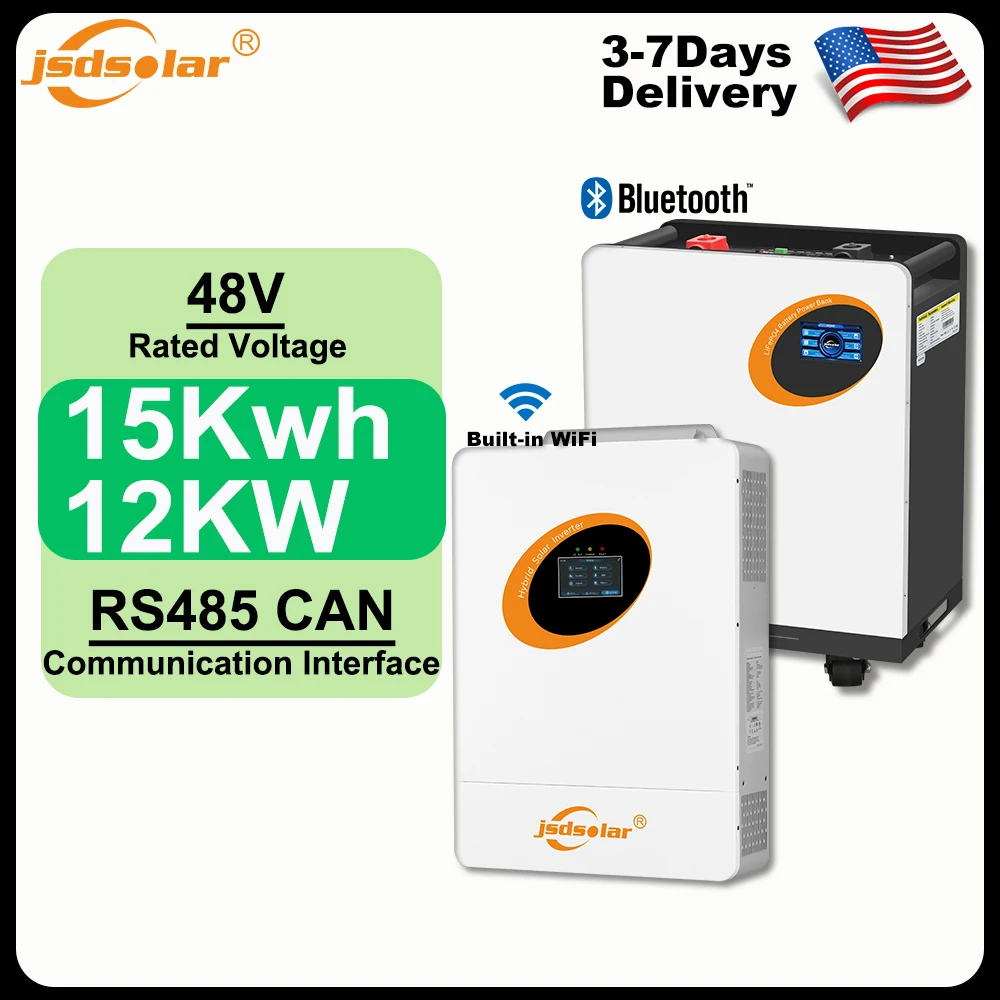Jsdsolar 51.2V LiFePO4 Battery Pack 15KWh 304Ah with 12kW 48V Split Phase Inverter 120/240V Off-Grid Inverter for Solar Photovoltaic Storage Systems Home Backup Emergency BMS