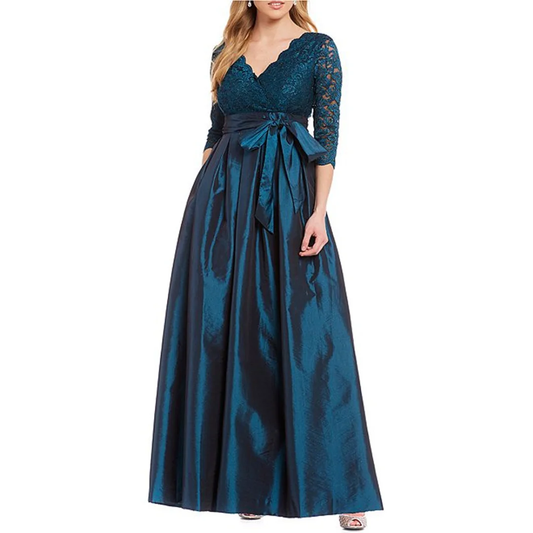 

Elegant Teal Blue Mother of the Bride Dresses Lacy Top Taffeta Sash 3/4 Sleeves Wedding Guest Dresses for Women Special Occasion