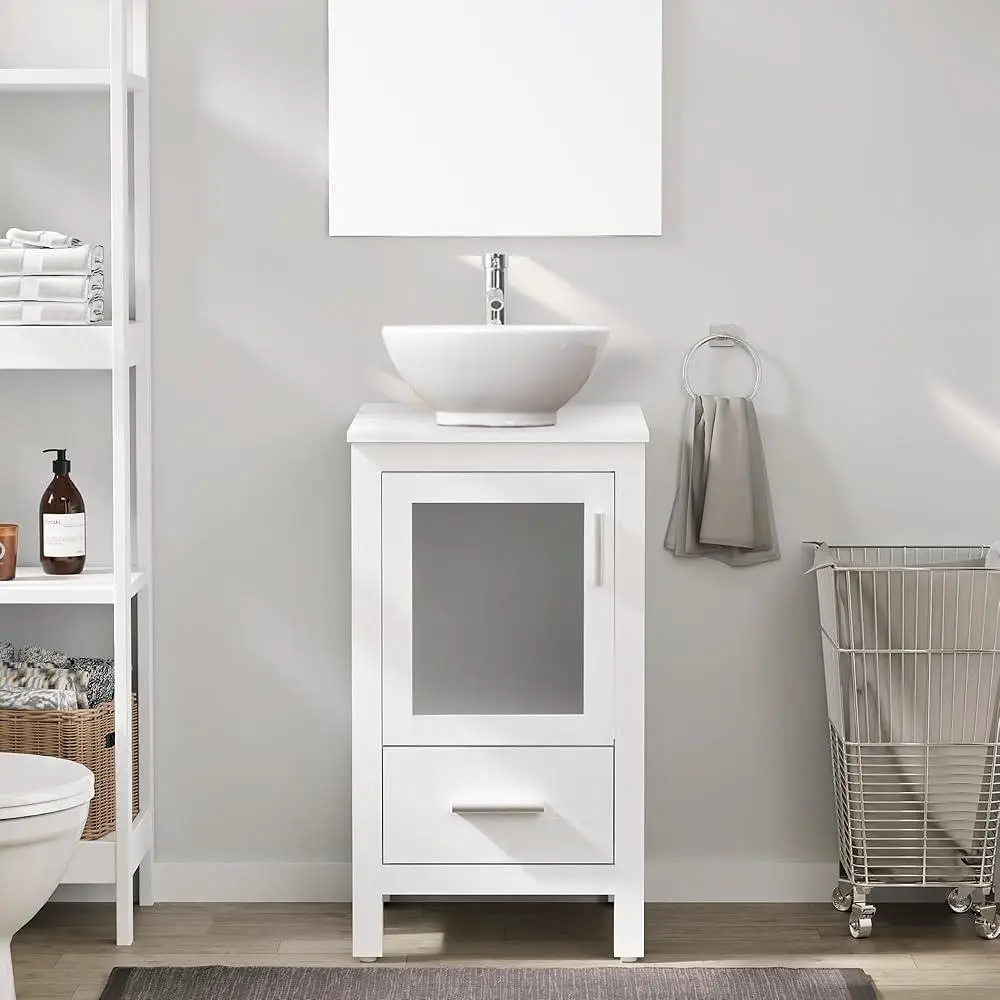 Compact Bathroom Vanity Sink Unit Freestanding Cabinet with Frosted Glass Door Drawer Storage Solution Limited Space