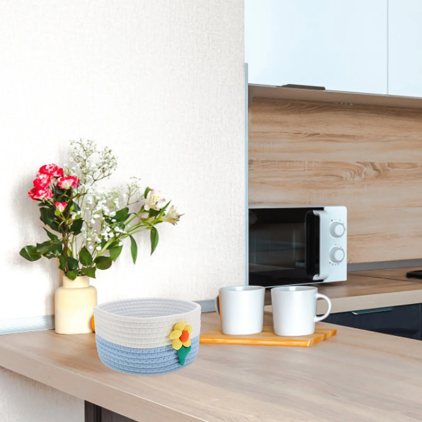 

Small Woven Desktop Storage Basket for Home Office Organization Makeup Keys Sundries Cotton Rope Organizer Handmade Round Bins