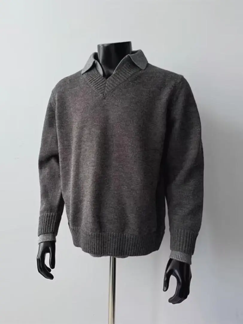 

Men's Knitted V-Neck Long Sleeve Sweater Fake Two-Piece Style Youthful Trendy Color Shirt Fashionable Autumn Wear