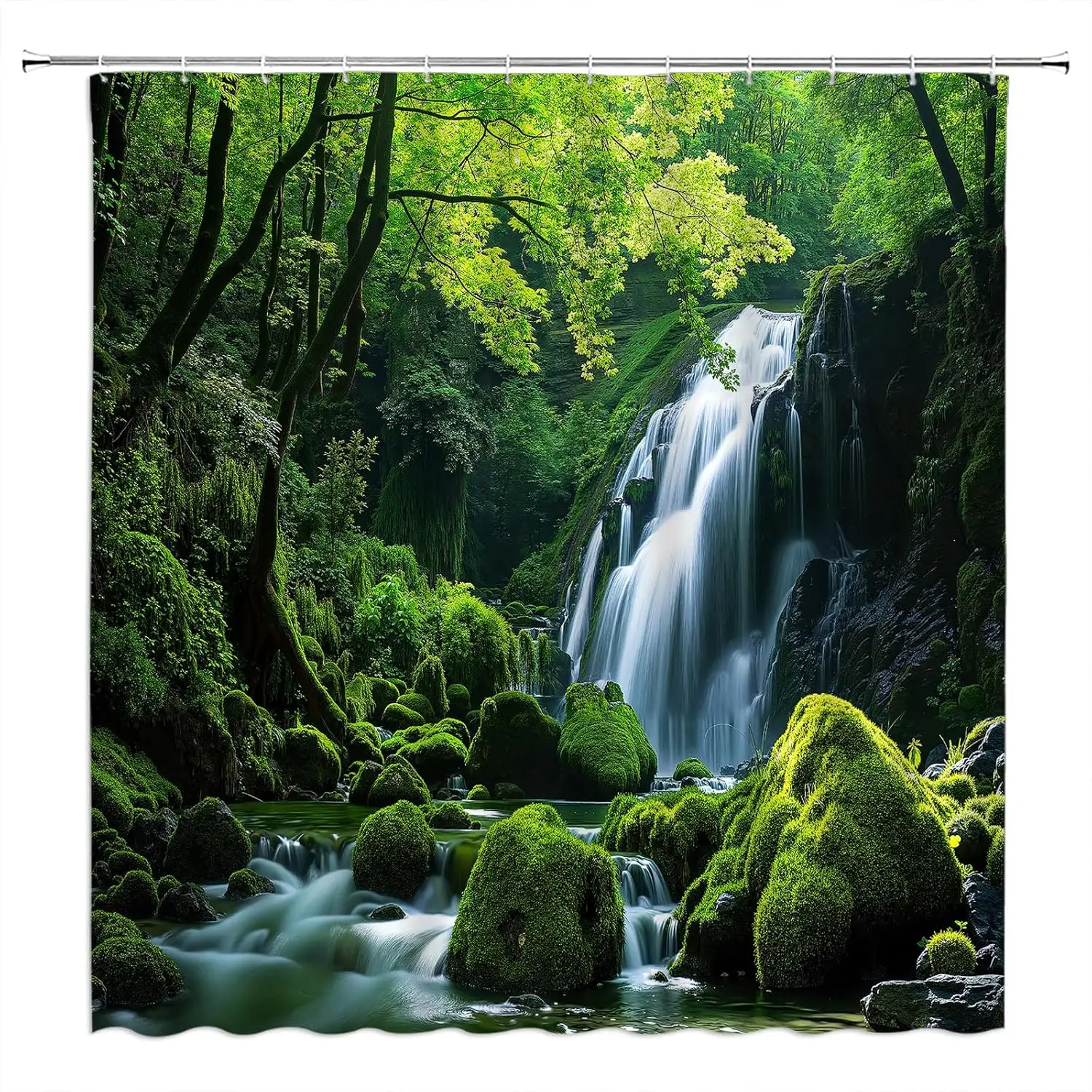Tropical Waterfall Shower Curtain,Rainforest Green Forest Tree Plant Nature Landscape Bathroom Home Curtain Decor with Hooks