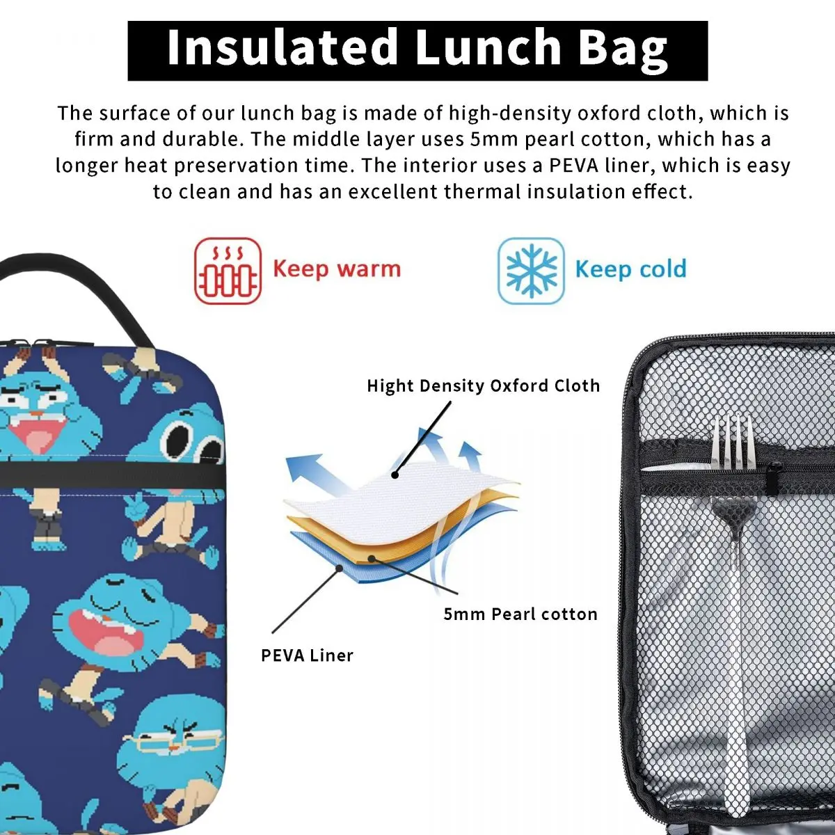 The Amazing World Of Gumball Insulated Lunch Bag for Women Kids Portable Food Boxes Thermal Lunch Box Tote