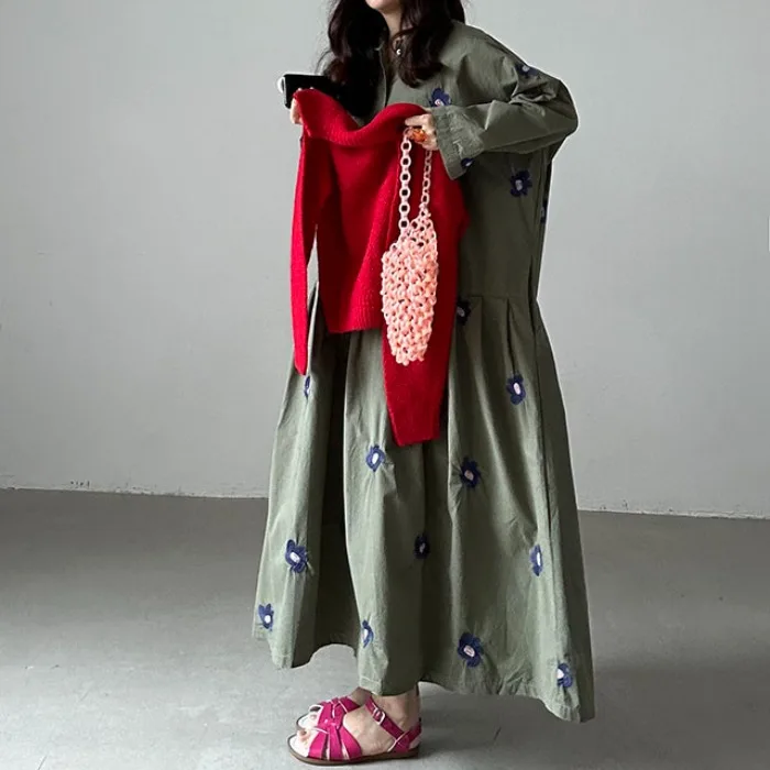 تنورة كلاسيكية يابانية مطرزة بالزهور الثقيلة مع ياقة واقفة وزر واحد فضفاض على شكل حرف A للنساء #5