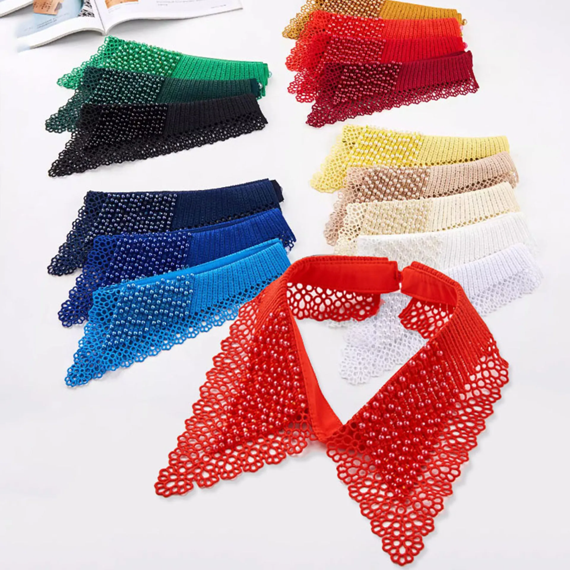 

Кружевная черно-белая рубашка со съемным искусственным воротником и галстуком из бисера, женская блузка, топ с съемными лацканами, модный аксессуар