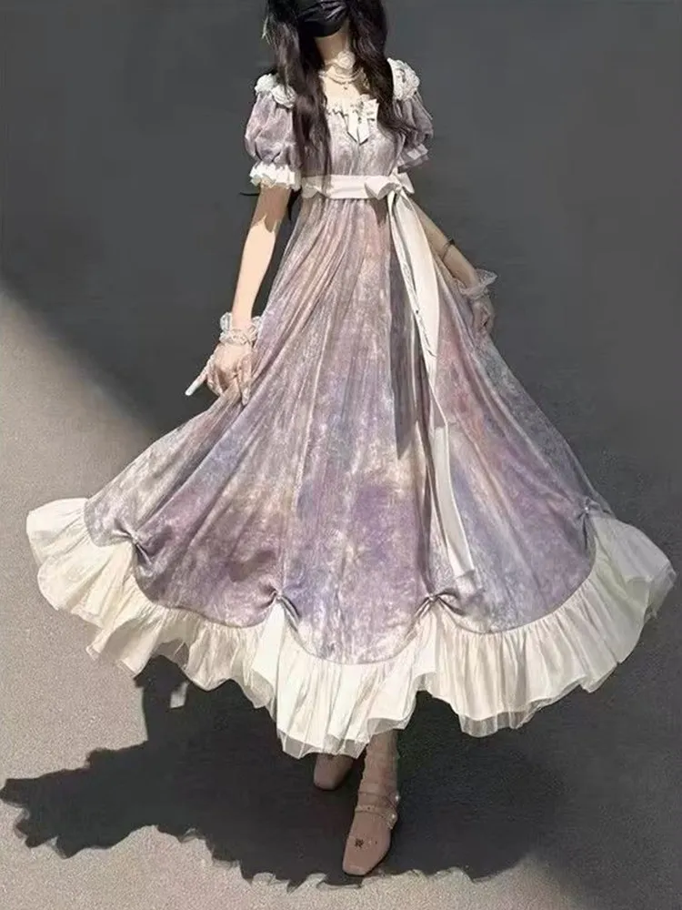 Vintage Purple Tie‑Dye Lolita Long Dress Puff Short Sleeve Lace Ruffle Bow Sash Elegant Fairy Gothic Party Dress for Women