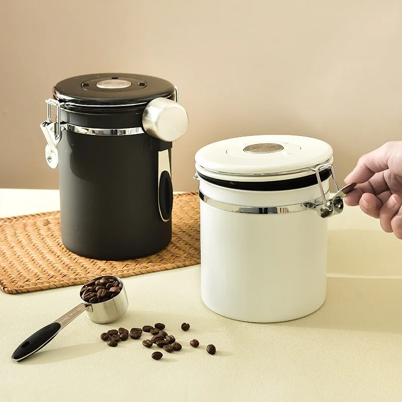 Roestvrijstalen afgedichte tank Roterende datumkoffiedose met lepel Uitlaat vers thee melkpoederblikje