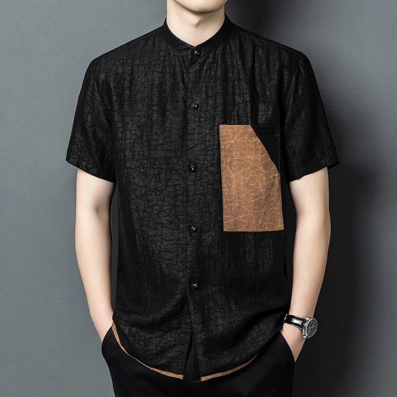 

G6068 Silk 100% Shirts For Men Short Sleeve Patchwork Pocket Cool Summer Quality Gambiered Canton Gauze Casual Camisas De Hombre