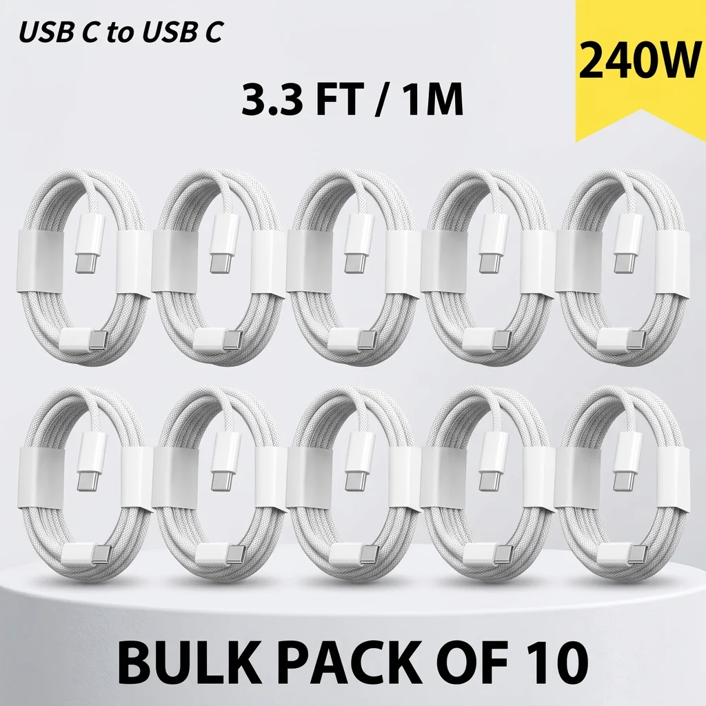 10-Pack 240W Fast Charging Cable, USB-C to USB-C 3.3ft Charger Cord, High-Speed Data Sync, Compatible with iPhone 17/16/15 (Pro, Pro Max, Plus), iPad Pro, iPad Air 5, MacBook, Samsung Galaxy S22/S21/S20 Ultra and All Other Type-C Devices