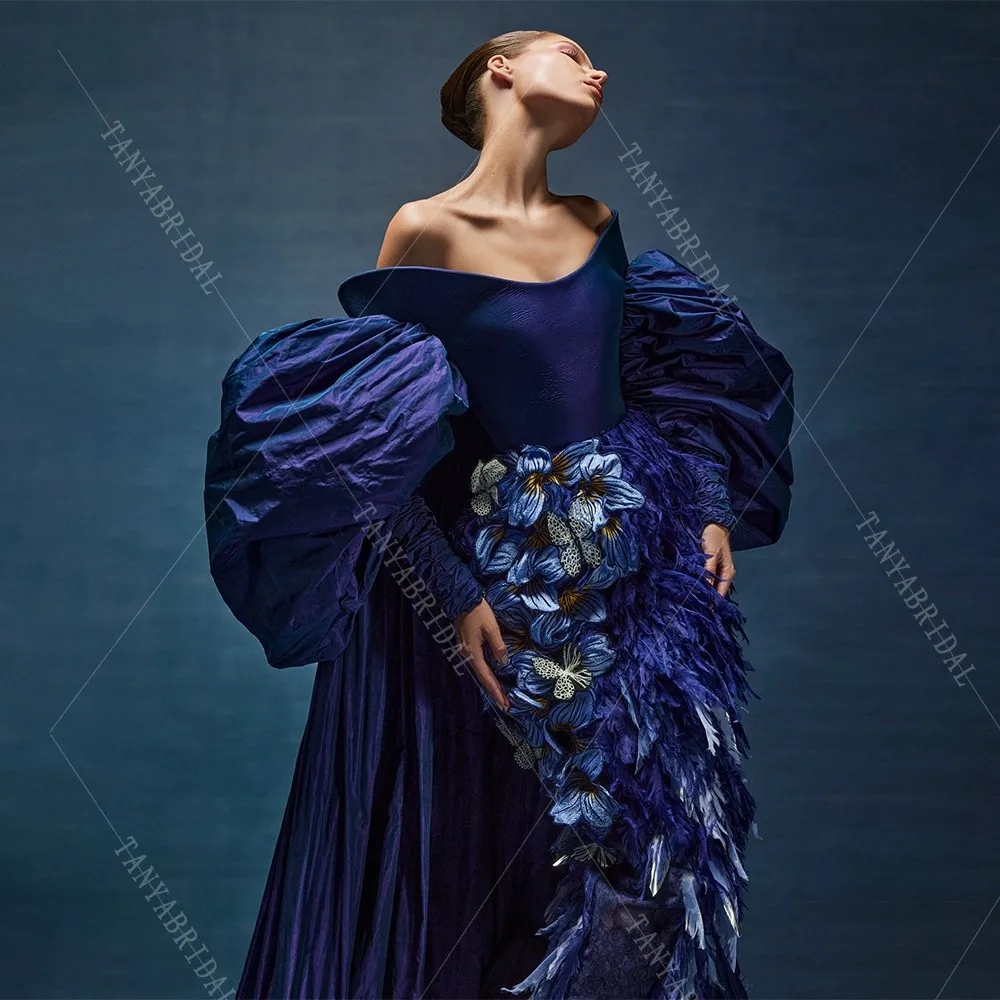 Customized Taffeta Long Jacket Wrap With Puffy Short Sleeves Fashion Navy Blue Wedding Cape Women Outfit Chic TSWD556