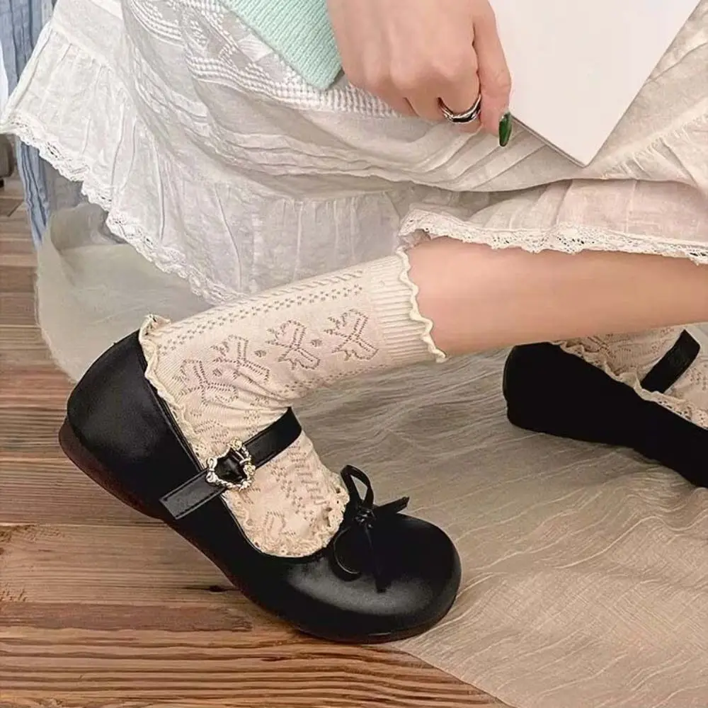 

Breathable PU Leather JK Flat Shoes Lace Ruffled Bow Casual Ballet Flats Sweet Soft Sole Mary Jane Shoes Party