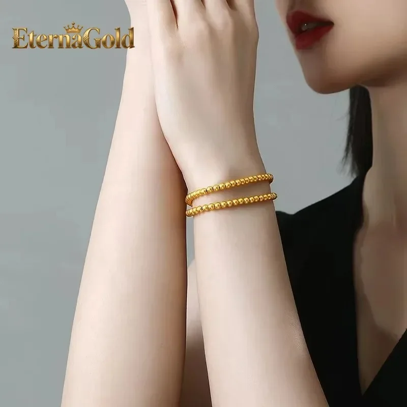 EternaGold 5mm999 24K real gold Bead bracelet Double elastic rope string ancient transfer bead bracelet retro women's first acce