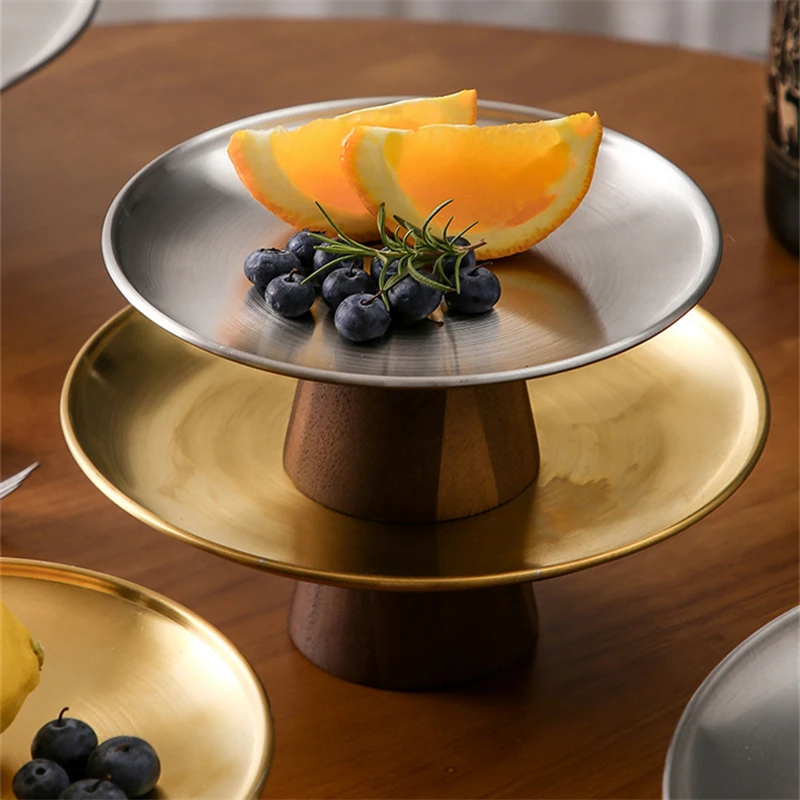 

Тарелка с фруктами на высоких ножках из нержавеющей стали с деревянной основой, подставка для торта, десерта, поднос для хранения закусок, конфет, обеденный стол, украшение дома