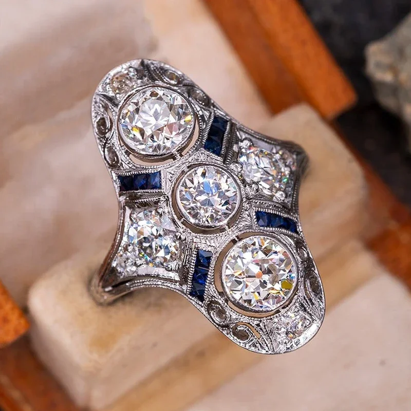 Huitan Gorgeous Wide Rings for Women Unique Design Blue/Green CZ Hollow Rings Vintage Accessories Daily Wear Party Lady Jewelry