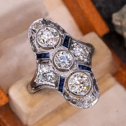 Huitan Gorgeous Wide Rings for Women Unique Design Blue/Green CZ Hollow Rings Vintage Accessories Daily Wear Party Lady Jewelry