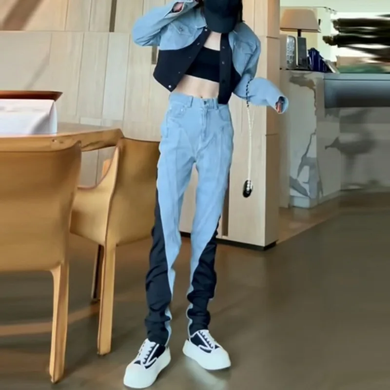 Setelan dua potong gaya hipster jalanan, koleksi musim gugur 2025, jaket denim serbaguna, celana jeans warna kontras pinggang tinggi, setelan wanita, 여자청자켓