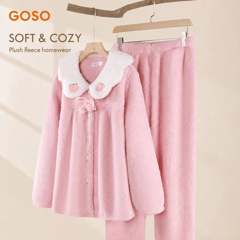 Women's Light Pink Plush Fleece Pajama Set, Contrast Collar Button-Front Top and Long Pants